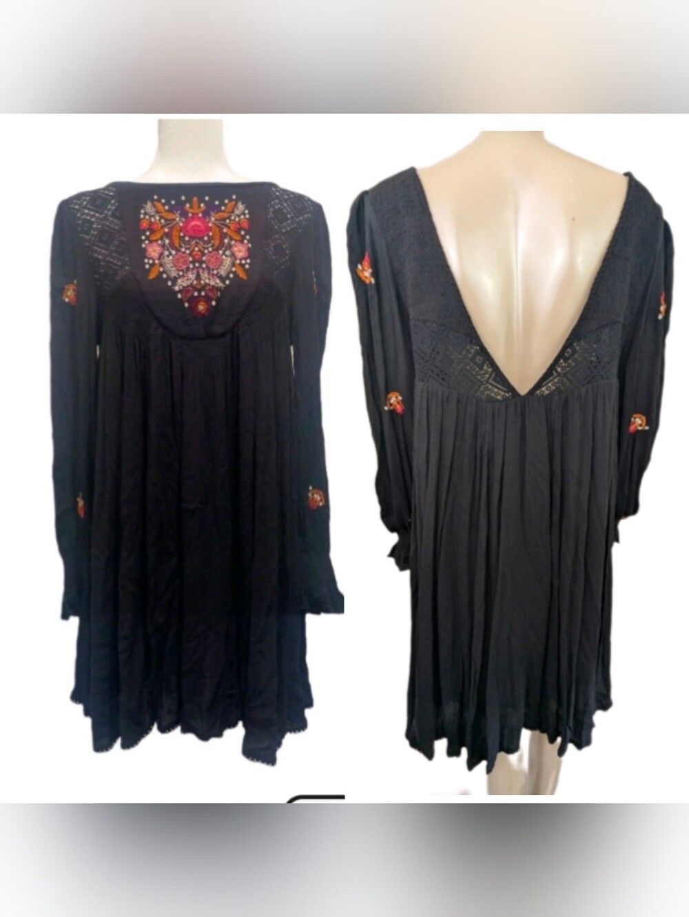 Free People  Black Bohemian Floral Embroidery Dress Cinch Wrists Medium***